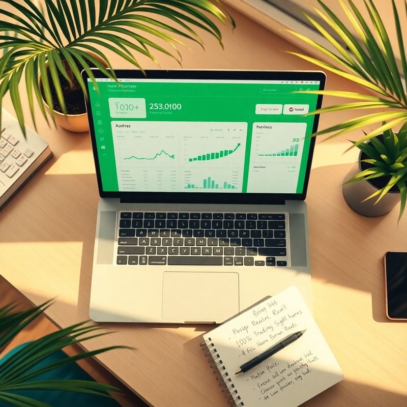 Escritorio con laptop mostrando dashboard de datos y libreta con reglas de trading